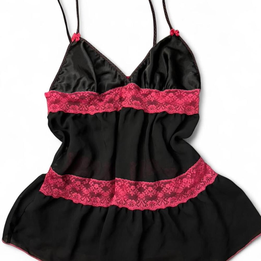 Y2K Coquette Black & Hot Pink Babydoll Lingerie Top With Bow Detailing